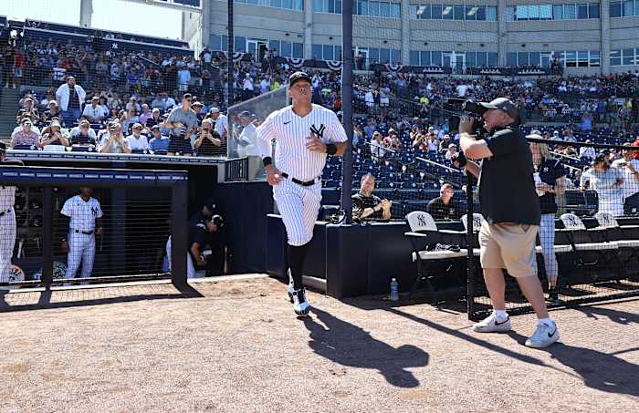New York Yankees center fielder Aaron Judge (99) is introduced before the game against the Atlanta Braves at George M. Steinbrenner Field.