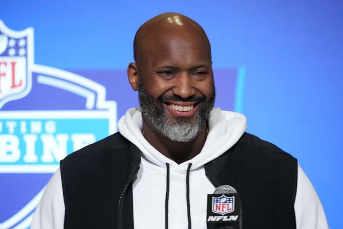 Detroit Lions general manager Brad Holmes speaking at the NFL combine.