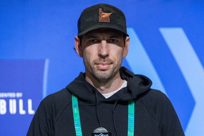 Mar 1, 2023; Indianapolis, IN, USA; Indianapolis Colts coach Shane Steichen speaks to the press at the NFL Combine at Lucas Oil Stadium. Mandatory Credit: Trevor Ruszkowski-USA TODAY Sports