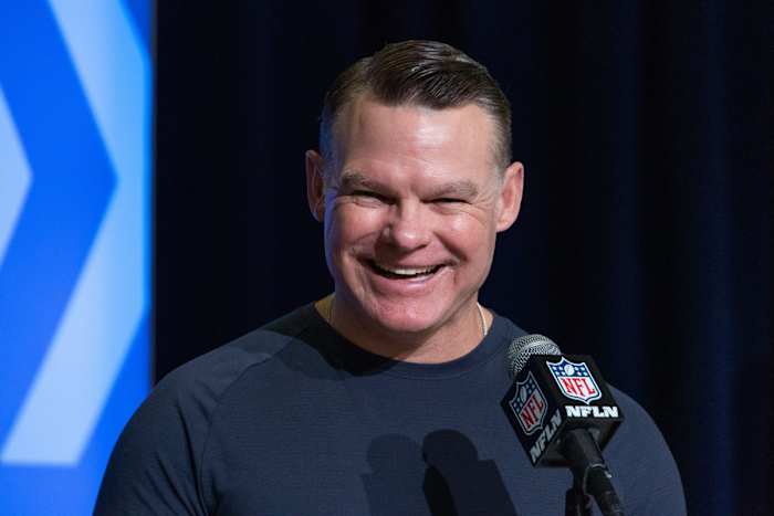 Mar 1, 2023; Indianapolis, IN, USA; Indianapolis Colts general manager Chris Ballard speaks to the press at the NFL Combine at Lucas Oil Stadium. Mandatory Credit: Trevor Ruszkowski-USA TODAY Sports
