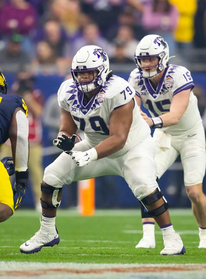 Dec 31, 2022; Glendale, Arizona, USA; TCU Horned Frogs offensive lineman Steve Avila (79) against the Michigan Wolverines during the 2022 Fiesta Bowl at State Farm Stadium. Mandatory Credit: Mark J. Rebilas-USA TODAY Sports
