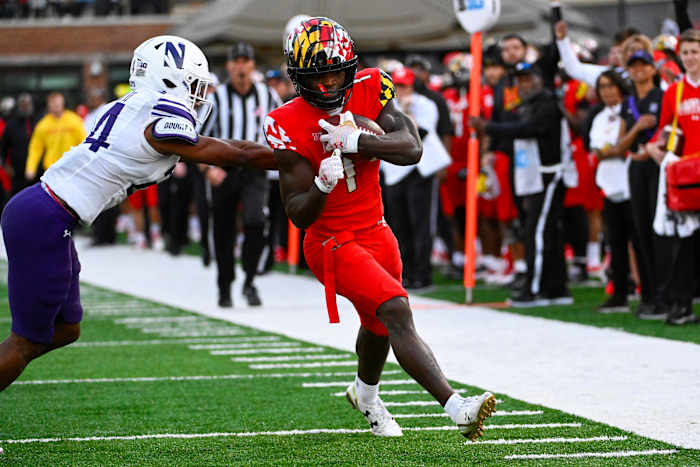 Oct 22, 2022; College Park, Maryland, USA; Maryland Terrapins wide receiver Rakim Jarrett (1) scores a touchdown against the Northwestern Wildcats during the second half at SECU Stadium. Mandatory Credit: Brad Mills-USA TODAY Sports