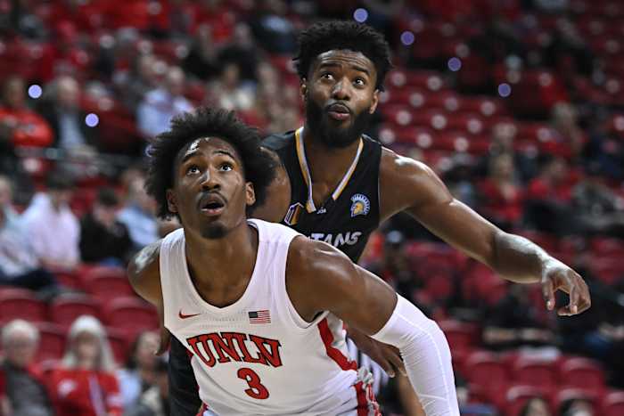 Feb 14, 2023; Las Vegas, Nevada, USA; UNLV Runnin' Rebels guard Shane Nowell (3) boxes out San Jose State Spartans forward Sage