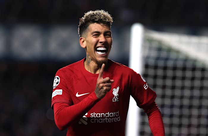Roberto Firmino pictured celebrating after scoring a goal for Liverpool against Rangers during the 2022/23 UEFA Champions League group stage
