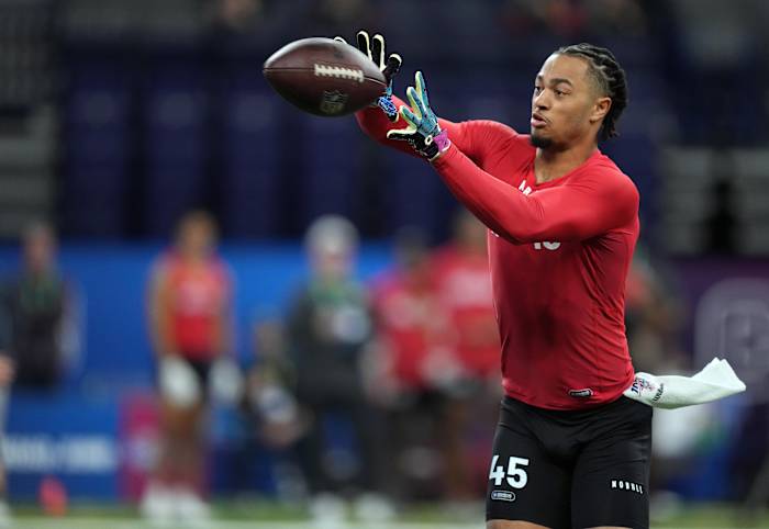Mar 4, 2023; Indianapolis, IN, USA; Ohio State wide receiver Jaxon Smith Njigba (WO45) participates in drills at Lucas Oil Stadium.