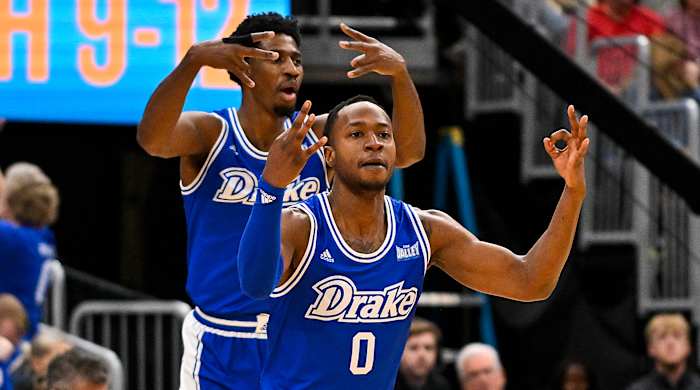 Drake guard D.J. Wilkins reacts after making a three-pointer against Bradley in the Missouri Valley championship.