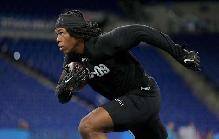 Mar 5, 2023; Indianapolis, IN, USA; Alabama running back Jahmyr Gibbs (RB09) during the NFL Scouting Combine at Lucas Oil Stadium. Mandatory Credit: Kirby Lee-USA TODAY Sports