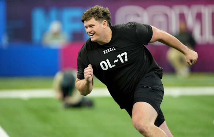 Mar 5, 2023; Indianapolis, IN, USA; Brigham Young offensive lineman Blake Freeland (OL17) during the NFL Scouting Combine at Lucas Oil Stadium. Mandatory Credit: Kirby Lee-USA TODAY Sports