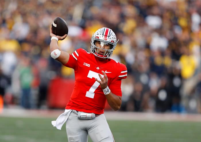 Nov 26, 2022; Columbus, Ohio, USA; Ohio State Buckeyes quarterback C.J. Stroud (7) throws during the second half against the Michigan Wolverines at Ohio Stadium. Mandatory Credit: Joseph Maiorana-USA TODAY Sports