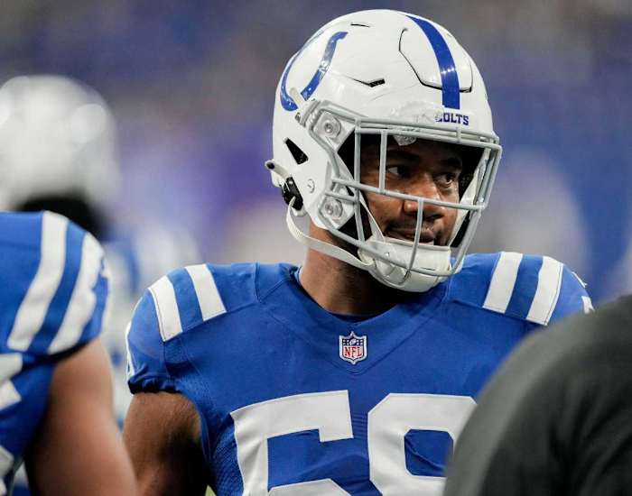 Indianapolis Colts linebacker Bobby Okereke (58) warms up Sunday, Jan. 8, 2023, before a game against the Houston Texans at Lucas Oil Stadium in Indianapolis.