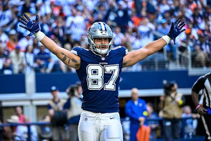 Dallas Cowboys tight end Jake Ferguson celebrates a touchdown during last year's game against the New York Giants.