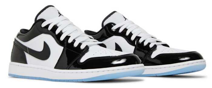 View of white and black Air Jordan shoes.