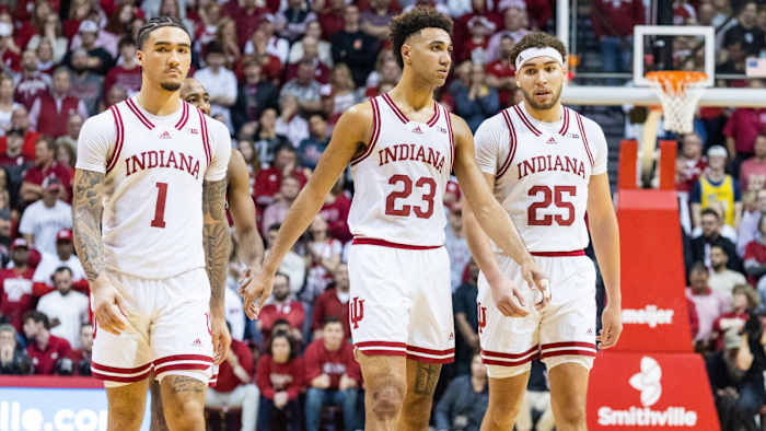 Indiana Hoosiers guard Jalen Hood-Schifino, forward Trayce Jackson-Davis and forward Race Thompson