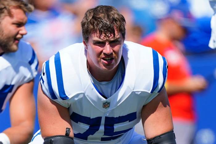 Aug 13, 2022; Orchard Park, New York, USA; Indianapolis Colts guard Will Fries (75) prior to the game against the Buffalo Bills at Highmark Stadium.