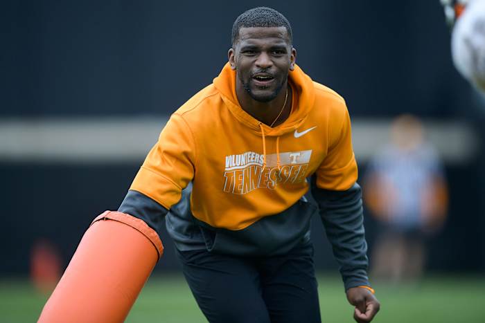 Tennessee WRs coach Kelsey Pope during practice in Knoxville, Tennessee, on April 5, 2022. (Photo by Calvin Mattheis of the News Sentinel)