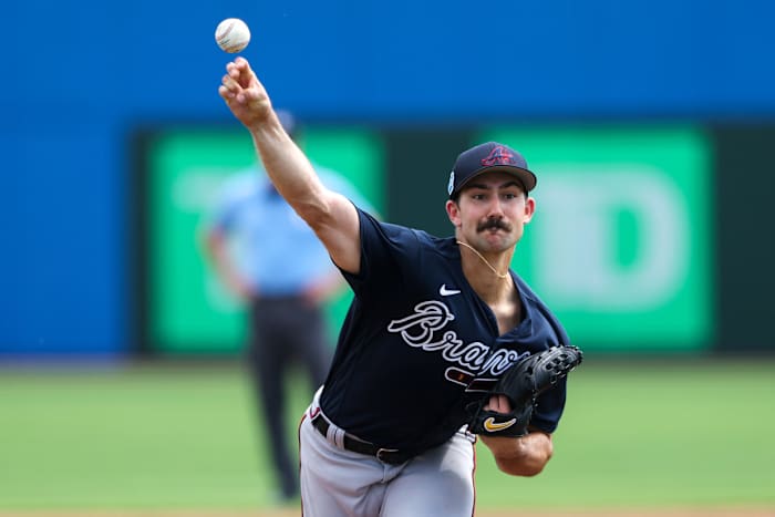 Mar 9, 2023; Dunedin, Florida, USA; Atlanta Braves pitcher Spencer Strider (99) throws a pitch against the Toronto Blue Jays in the third inning at Amalie Arena. Mandatory Credit: Nathan Ray Seebeck-USA TODAY Sports