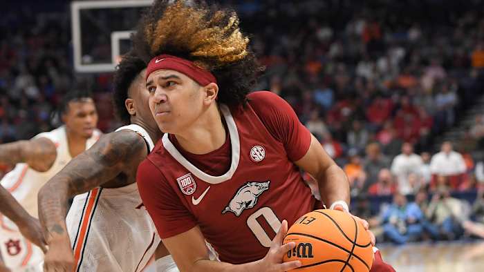 Arkansas Razorbacks guard Anthony Black drives in the SEC Tournament against the Auburn Tigers.