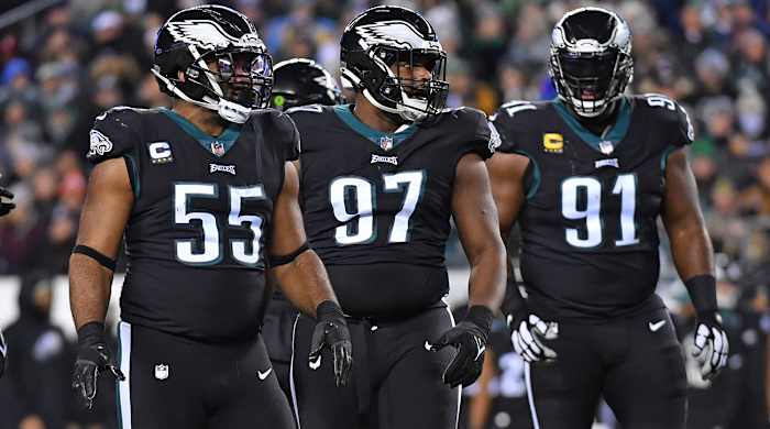Eagles defenders Brandon Graham, Javon Hargrave and Fletcher Cox.