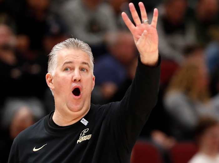 Purdue Boilermakers head coach Matt Painter yells down court during the Big Ten Men s Basketball Tournament game against the Rutgers Scarlet Knights,