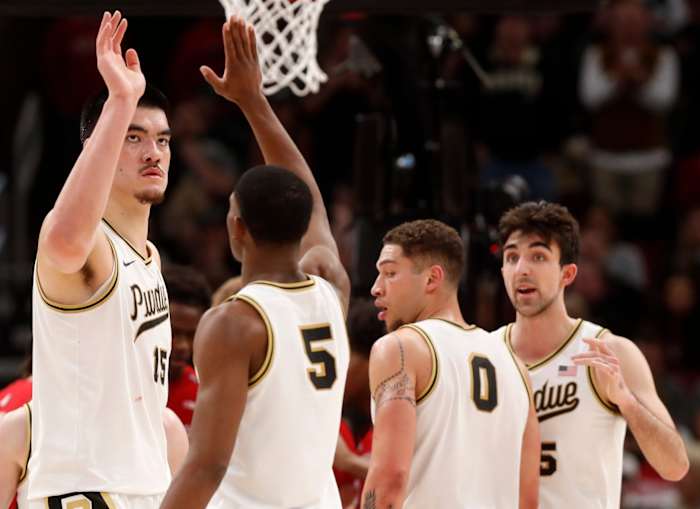 Zach Edey (15) high-fives Purdue Boilermakers guard Brandon Newman (5) during the Big Ten Men s Basketball Tournament game against the Rutgers Scarlet Knights,