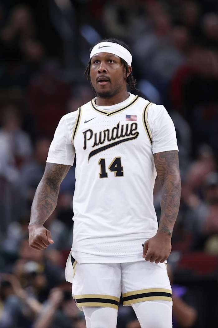 Purdue guard David Jenkins Jr. (14) reacts after scoring against Rutgers during the first half at the United Center. (Kamil Krzaczynski-USA TODAY Sports)