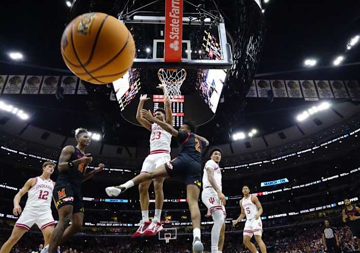 Indiana Hoosiers forward Trayce Jackson-Davis (23) and Maryland Terrapins guard Jahari Long (2) go for the ball during the second half at United Center.