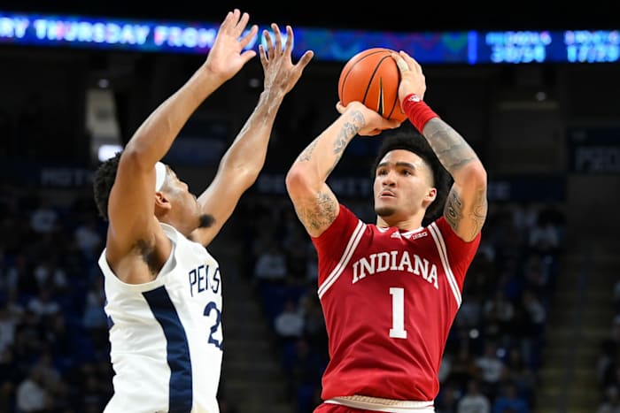 Indiana Hoosiers guard Jalen Hood-Schifino (1) shoots the ball against the defense of Penn State Nittany Lions guard Jalen Pickett (22) during the second half at the Bryce Jordan Center.