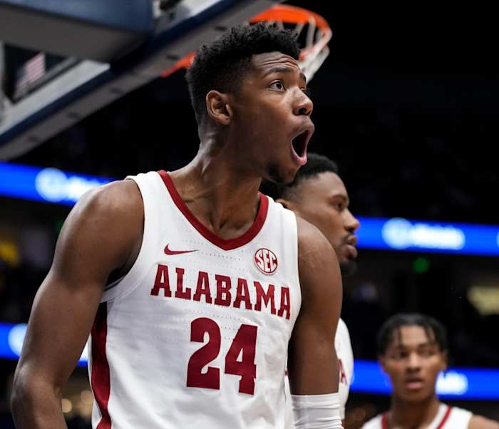 Alabama forward Brandon Miller (24) reacts after a foul during the second half of a SEC Men s Basketball Tournament semifinal game against Missouri at Bridgestone Arena in Nashville, Tenn., Saturday