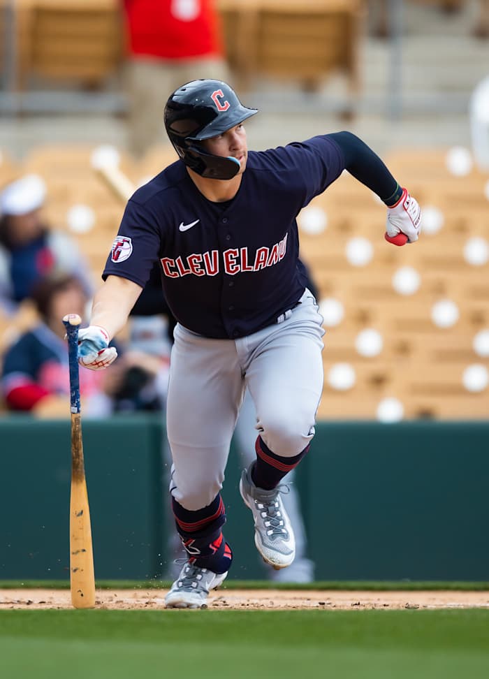 Mar 1, 2023; Phoenix, Arizona, USA; Cleveland Guardians outfielder Will Brennan hits a double against the Chicago White Sox during a spring training game at Camelback Ranch-Glendale. Mandatory Credit: Mark J. Rebilas-USA TODAY Sports
