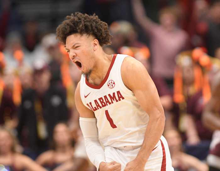 Mar 12, 2023; Nashville, TN, USA; Alabama Crimson Tide guard Mark Sears (1) celebrates a made three against the Texas A&M Aggies during the first half at Bridgestone Arena. Mandatory Credit: Steve Roberts-USA TODAY Sports