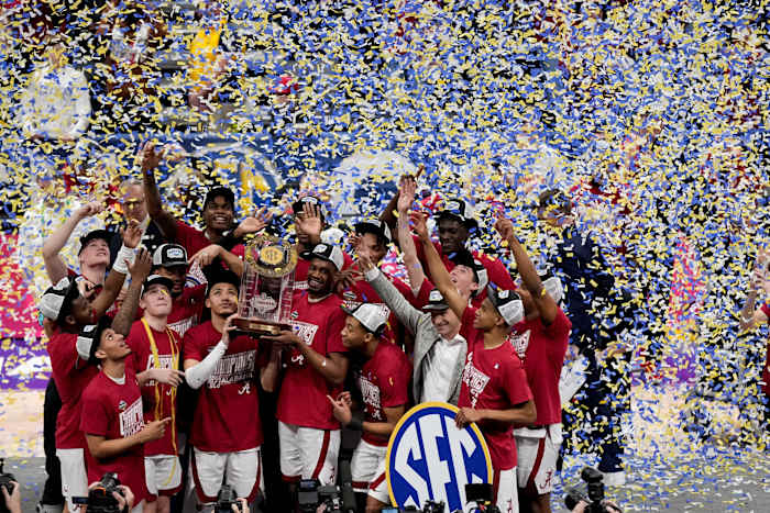 Alabama players celebrate winning the championship SEC Men s Basketball Tournament game over Texas A&M at Bridgestone Arena Sunday, March 12, 2023, in Nashville, Tenn.