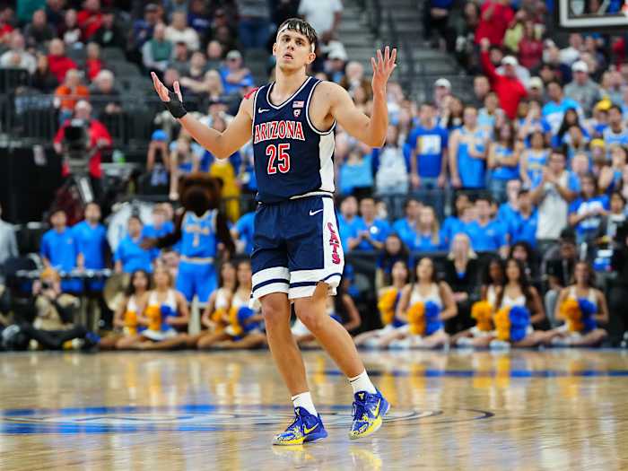 Arizona Wildcats guard Kerr Kriisa celebrates after scoring.