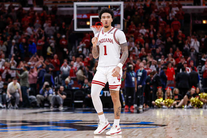 Indiana Hoosiers guard Jalen Hood-Schifino celebrates during a game.