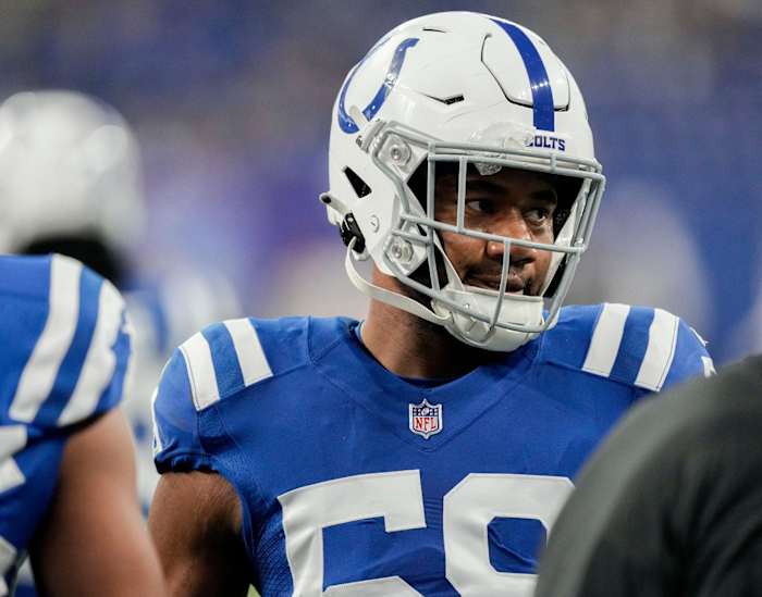 Indianapolis Colts linebacker Bobby Okereke (58) warms up Sunday, Jan. 8, 2023, before a game against the Houston Texans at Lucas Oil Stadium in Indianapolis.