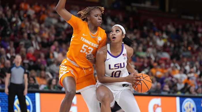 Tennessee forward Jillian Hollingshead defends against LSU forward Angel Reese at Bon Secours Wellness Arena.