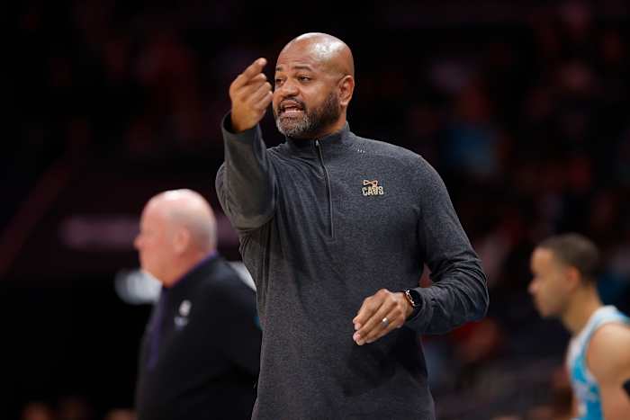 Mar 12, 2023; Charlotte, North Carolina, USA; Cleveland Cavaliers head coach J.B. Bickerstaff gives instructions to his team during the first half against the Charlotte Hornets at Spectrum Center. Mandatory Credit: Brian Westerholt-USA TODAY Sports