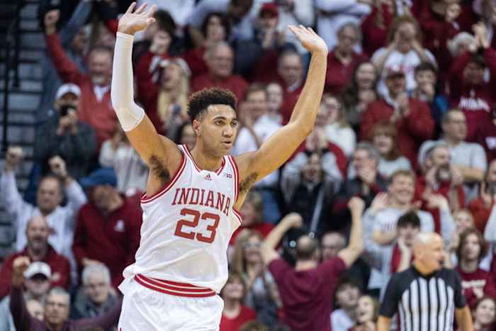 Indiana Hoosiers forward Trayce Jackson-Davis (23) celebrates a made basket in the second half against the Wisconsin Badgers at Simon Skjodt Assembly Hall.
