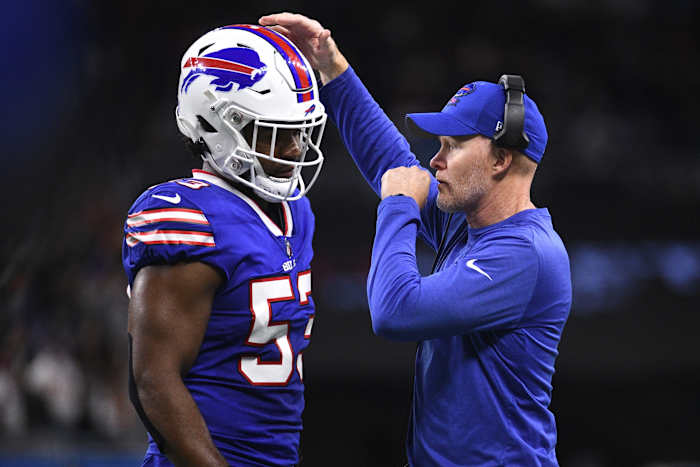 Tyrel Dodson, who replaced Dorian Williams, approached by Bills head coach Sean McDermott.