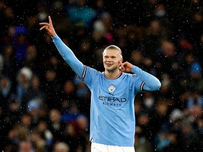 Erling Haaland pictured celebrating one of his goals during Manchester City's win over RB Leipzig in the second leg of their round of 16 clash in March 2023