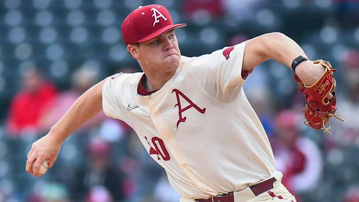 Ben Bybee pitches into the sixth inning against the UNLV Rebels at Baum-Walker Stadium.