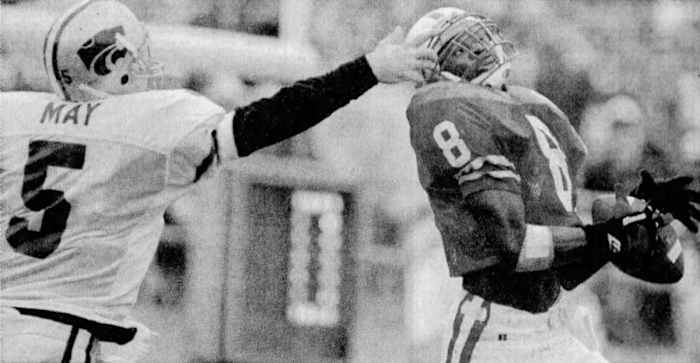 Tyrone Williams ends a Kansas State threat late in the second quarter by intercepting a halfback pass intended for quarterback Chad May at the NU 4-yard line.