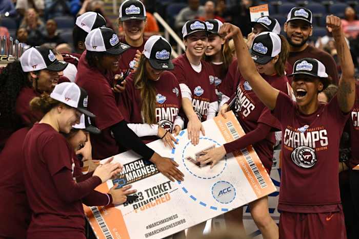 Mar 5, 2023; Greensboro, NC, USA; The Virginia Tech Hokies punch their ticket to the NCAAW tournament after winning the ACC Women's Championship over the Louisville Cardinals at Greensboro Coliseum.