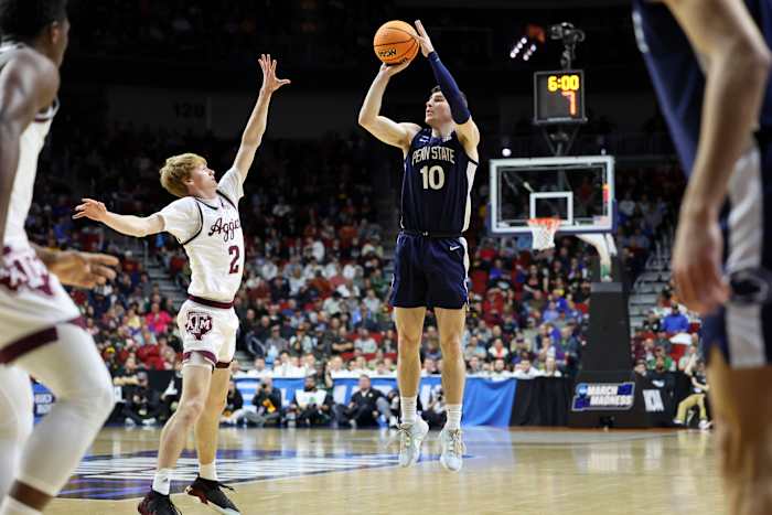 Penn State's Andrew Funk shoots a 3-pointer against Texas A&M in the first round of the NCAA Tournament in Des Moines.