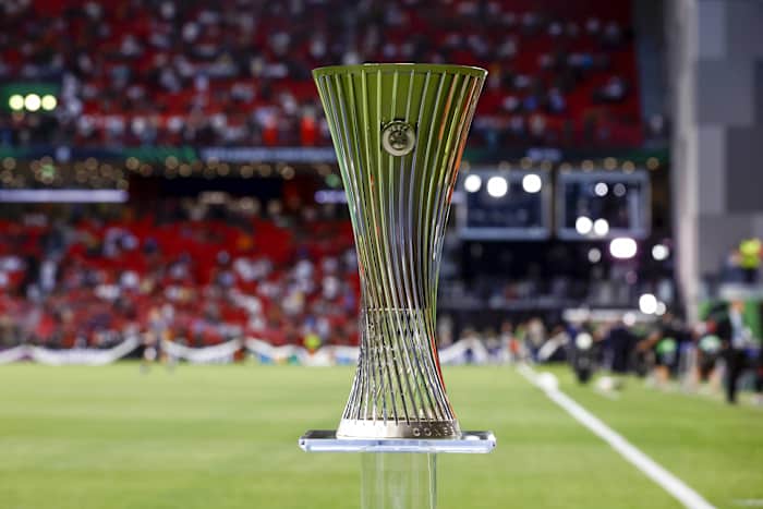 The UEFA Europa Conference League trophy pictured on display in Tirana, Albania ahead of the 2022 final