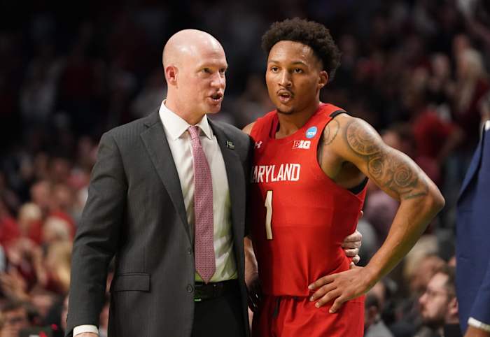 Mar 18, 2023; Birmingham, AL, USA; Maryland Terrapins head coach Kevin Willard talks to guard Jahmir Young (1) during the second half at Legacy Arena. Mandatory Credit: Marvin Gentry-USA TODAY Sports
