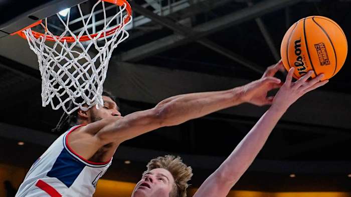 UConn's Andre Jackson Jr. blocks a shot against St. Mary's to advance to Sweet 16 against Hogs.