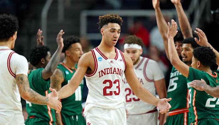 Indiana Hoosiers forward Trayce Jackson-Davis (23) reacts after a play against the Miami (Fl) Hurricanes during the second half at MVP Arena.