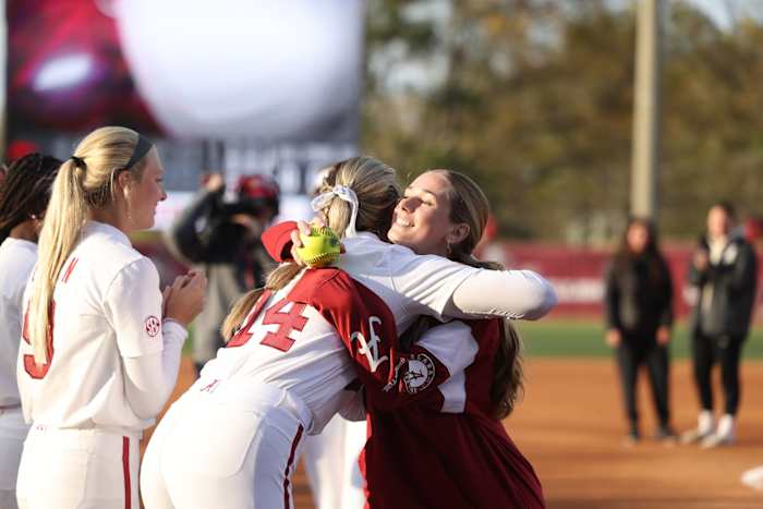 Felicia Knox throws out first pitch at Alabama softball vs Arkansas - March 20, 2023
