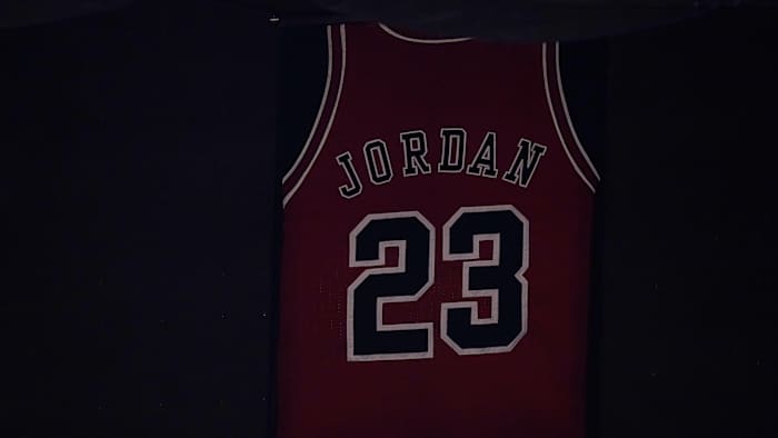 Apr 26, 2021; Miami, Florida, USA; The jersey of former Chicago Bulls player Michael Jordan hangs from the rafters of the Miami Heat American Airlines Arena.