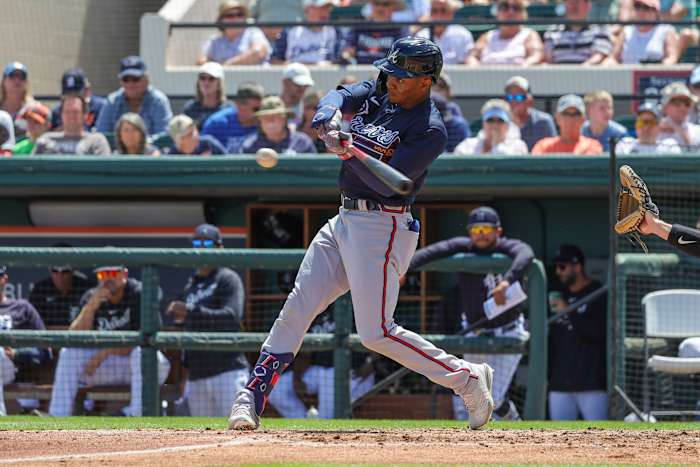 Mar 22, 2023; Lakeland, Florida, USA; Atlanta Braves left fielder Magneuris Sierra (46) hits a single during the second inning against the Detroit Tigers at Publix Field at Joker Marchant Stadium. Mandatory Credit: Mike Watters-USA TODAY Sports